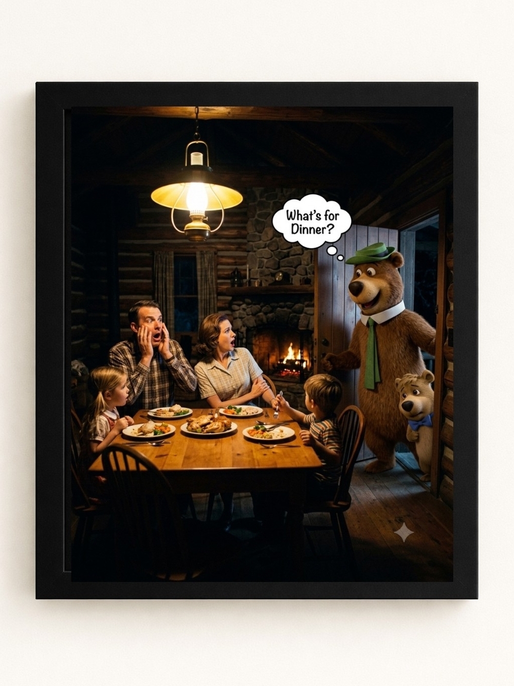 Vintage-Style Family Dinner Print with Cartoon Bear A.I. Art Print 8x10 Framed